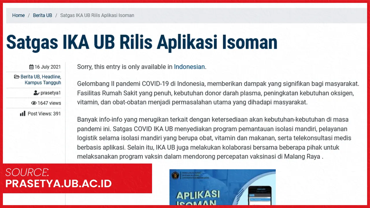 AppIsoman, Aplikasi Isolasi Mandiri IKA UB. Sumber: prasetya.ub.ac.id
